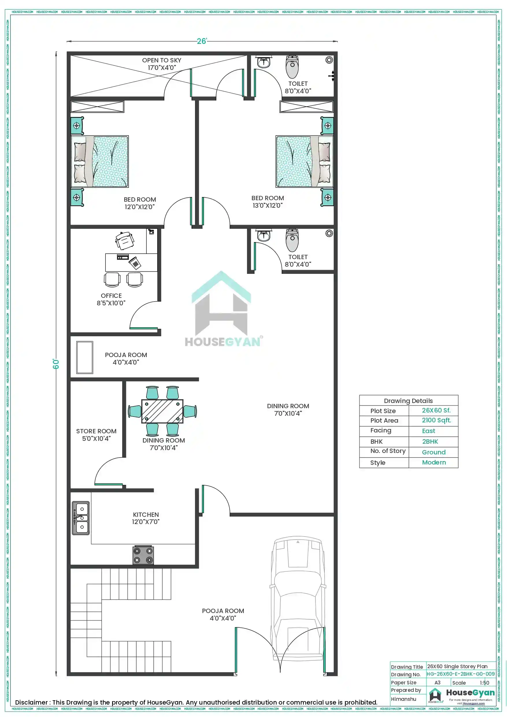 26X60 East Facing 2BHK Ground Floor House Plan | 1560 Sqft Plot Floor Plan