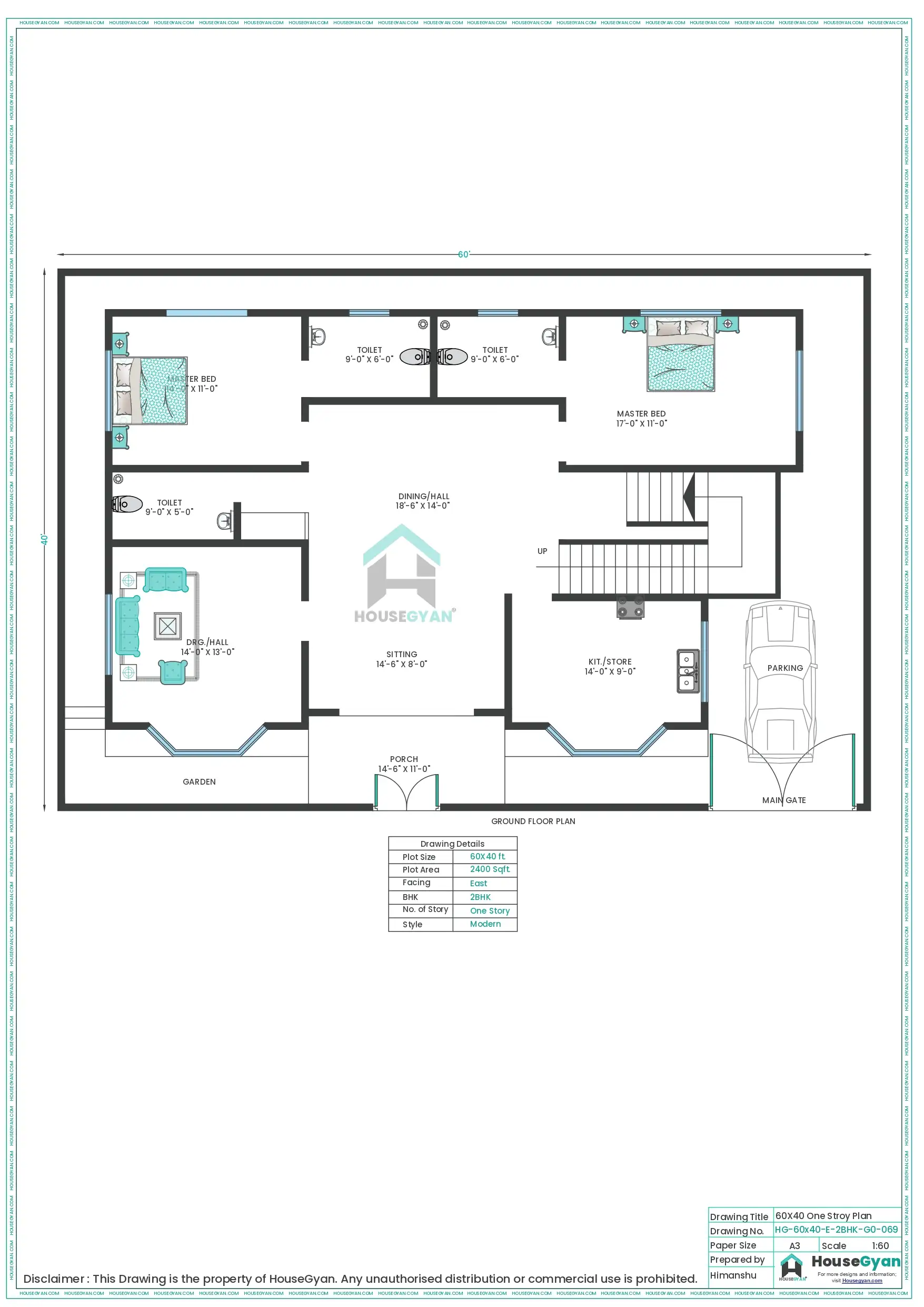 60X40 East Facing 2BHK Ground Floor House Plan | 2400 Sqft Plot Floor Plan