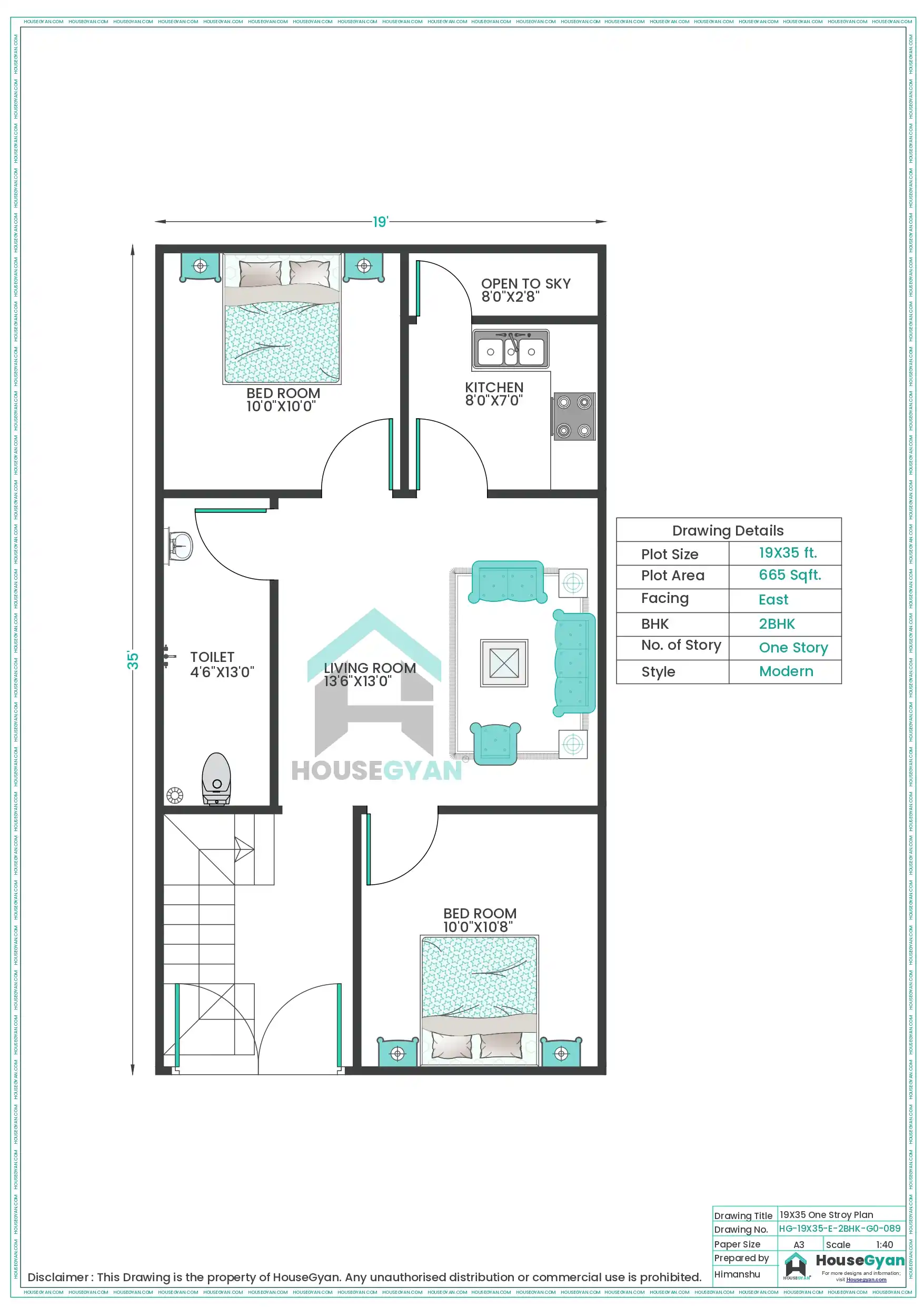 19X35 East Facing 2BHK Ground Floor House Plan | 665 Sqft Plot Floor Plan