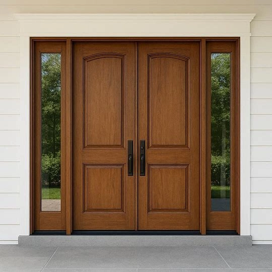 Double Door Design Flanked by Glass Panes