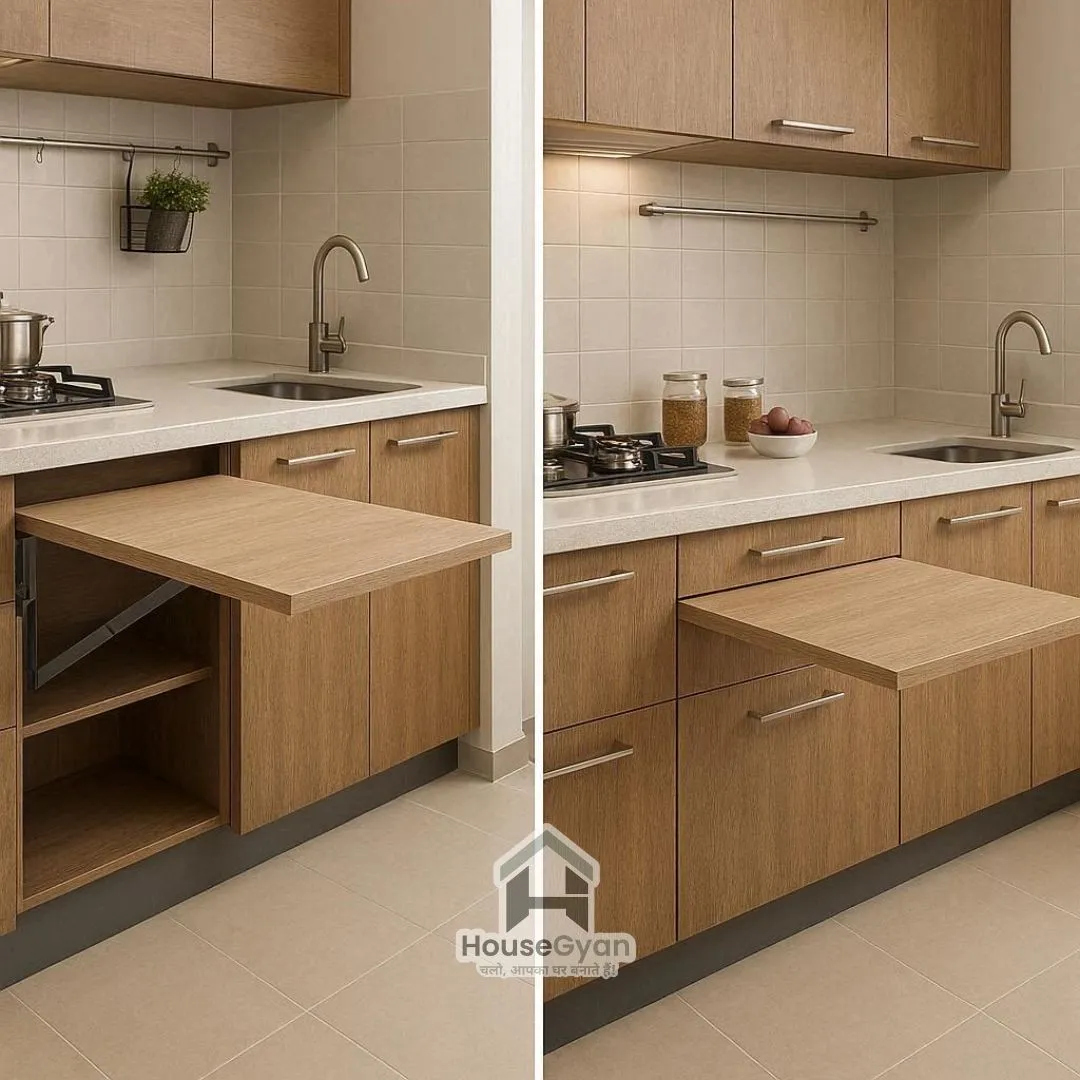 Foldable or Pull-Out Work Surfaces with Storage