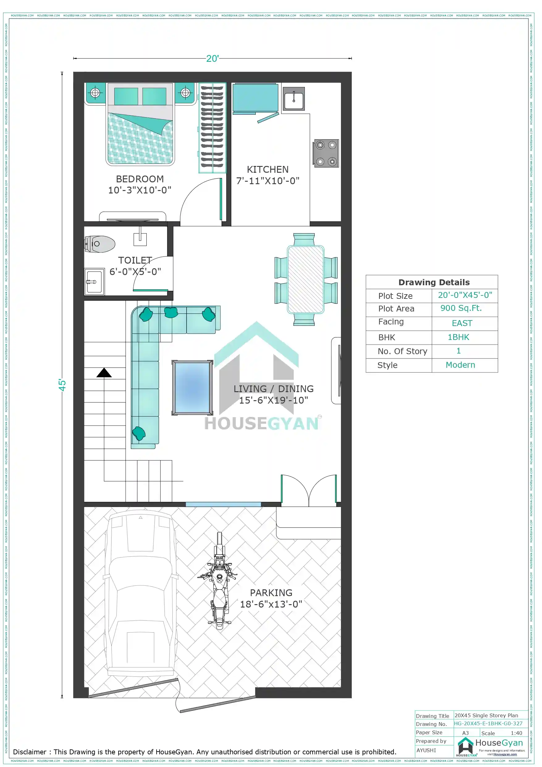 20X45 East Facing 1BHK Ground Floor House Plan | 900 Sqft Plot Floor Plan