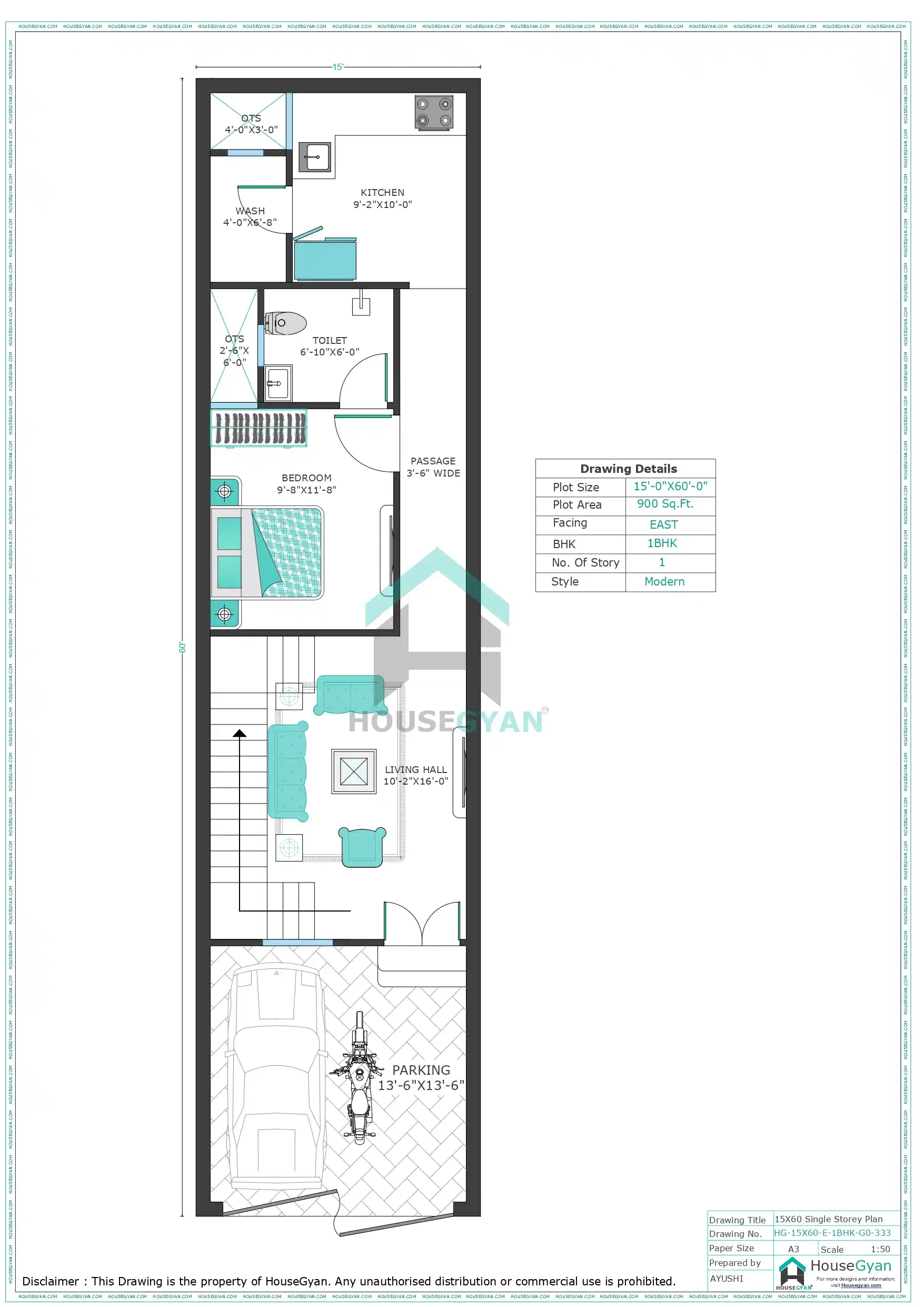 15X60 East Facing 1BHK Ground Floor House Plan | 900 Sqft Plot Floor Plan