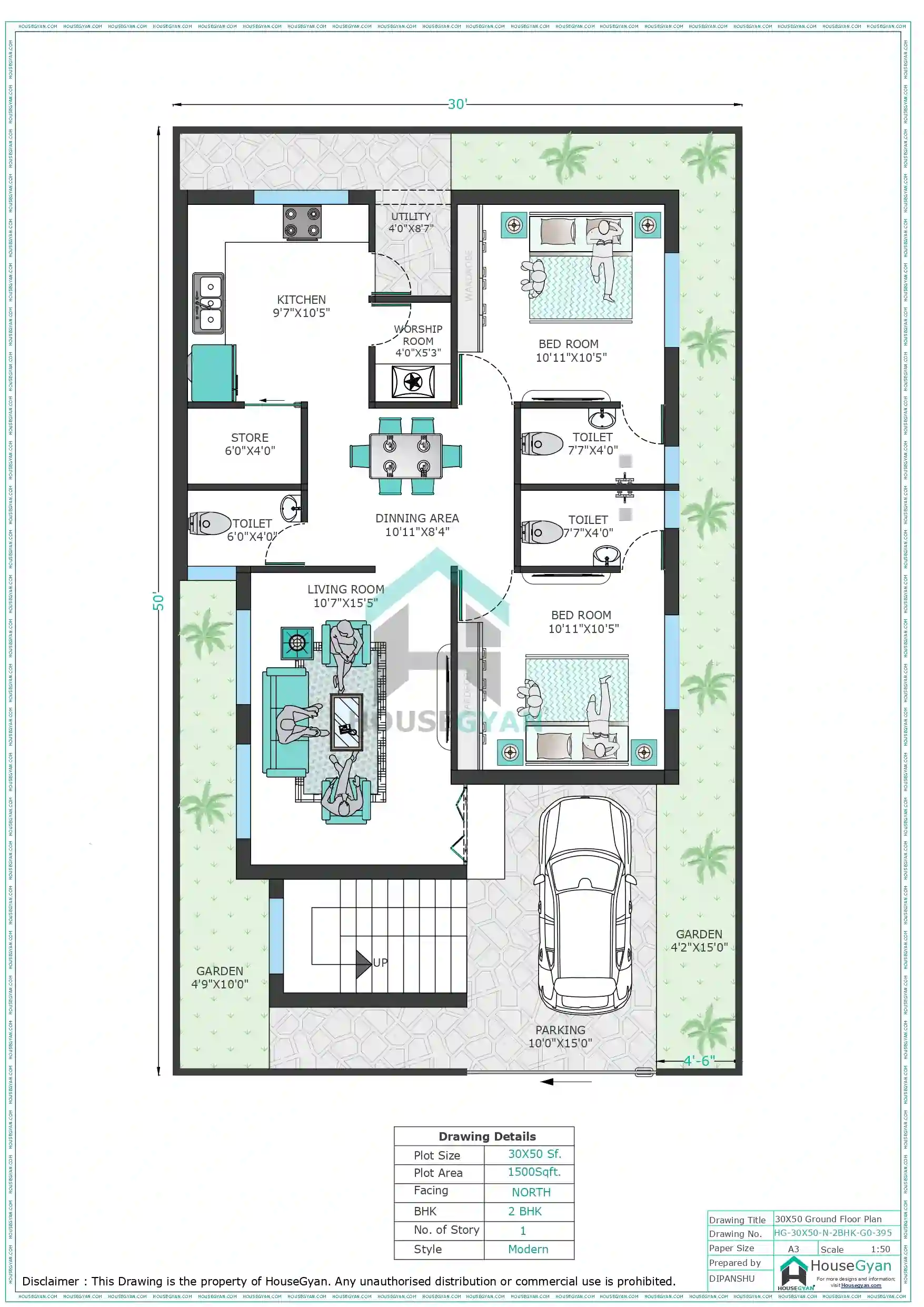 30X50 North Facing 2BHK Ground Floor House Plan | 1500 Sqft Plot Floor Plan