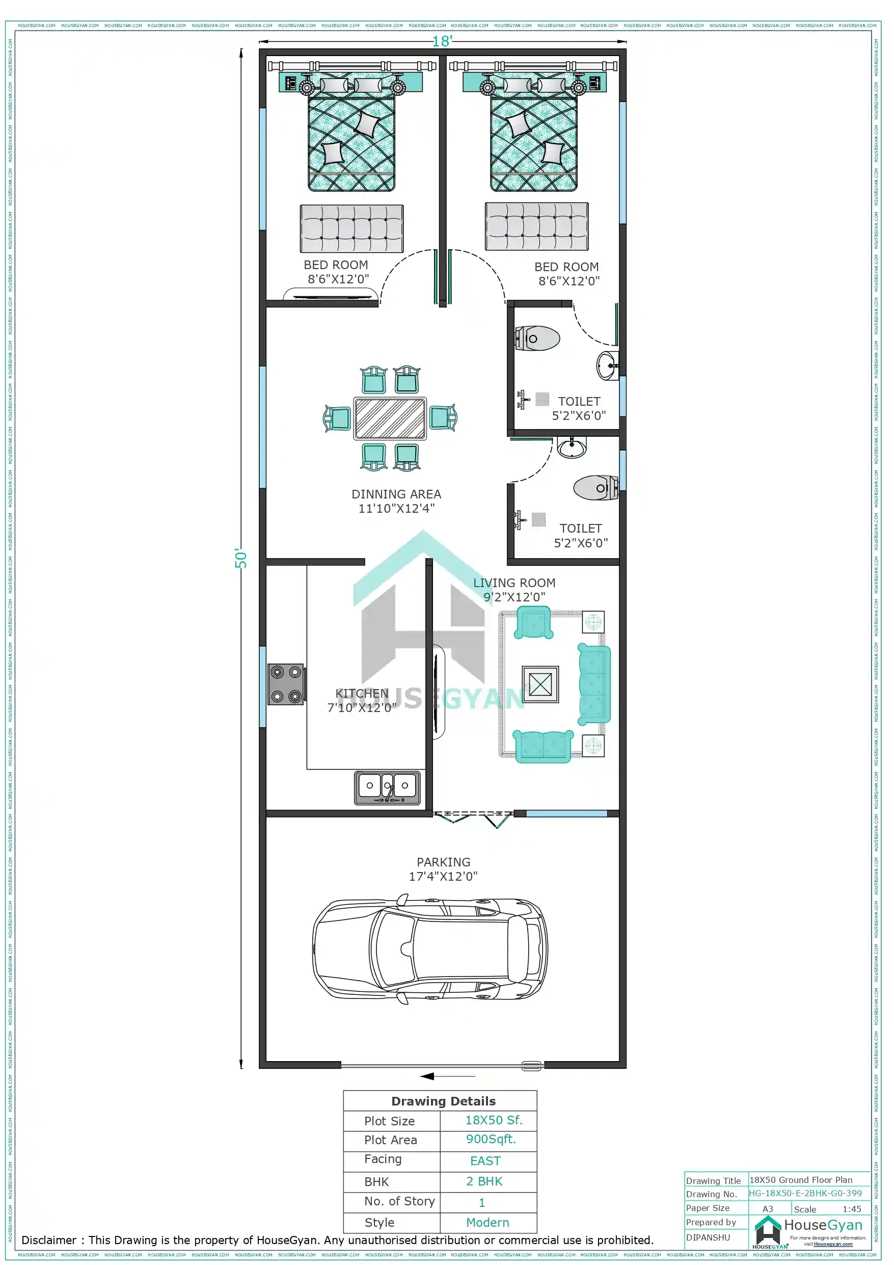 18X50 East Facing 2BHK Ground Floor House Plan | 900 Sqft Plot Floor Plan