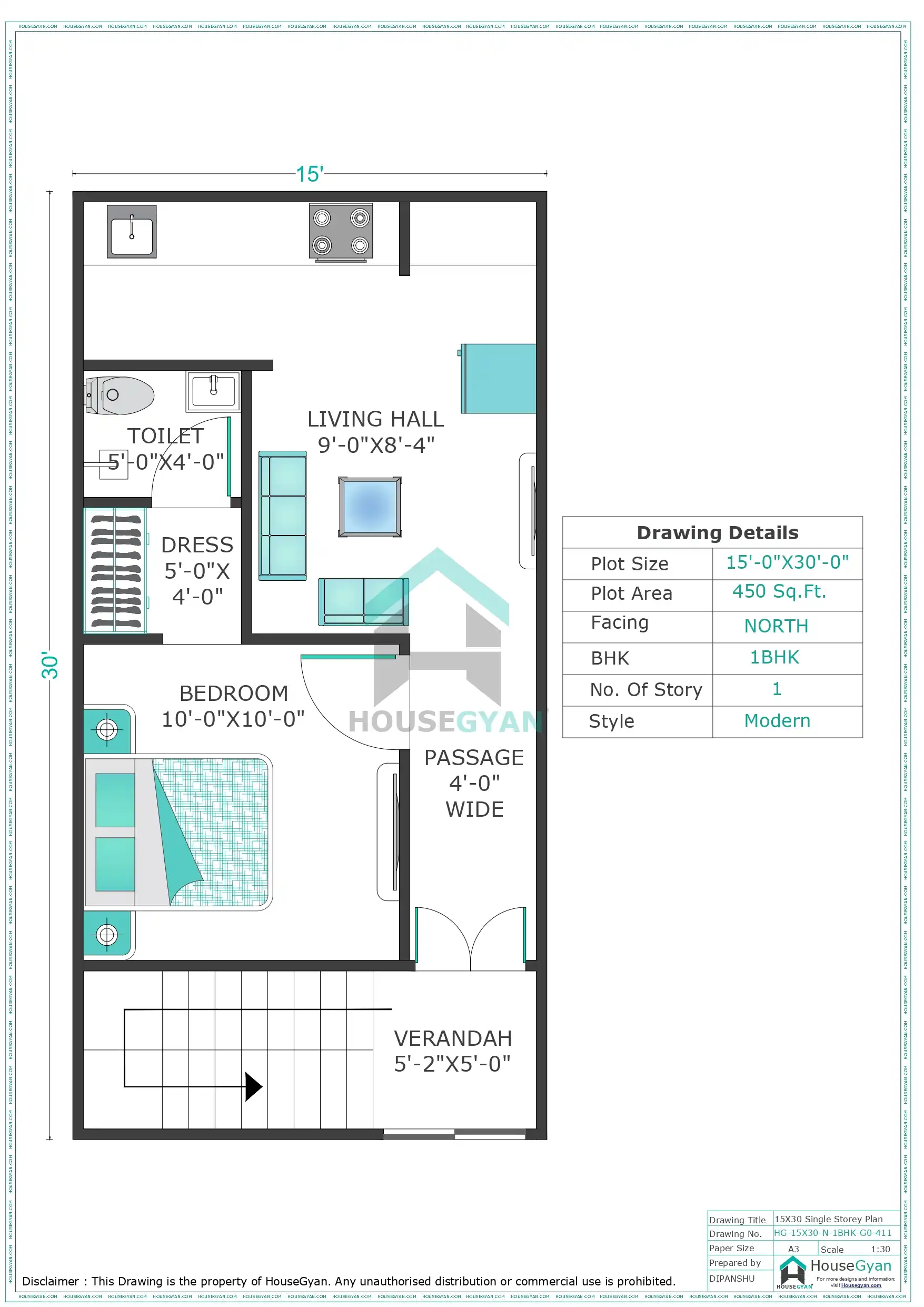 15X30 North Facing 1BHK Ground Floor House Plan | 450 Sqft Plot Floor Plan