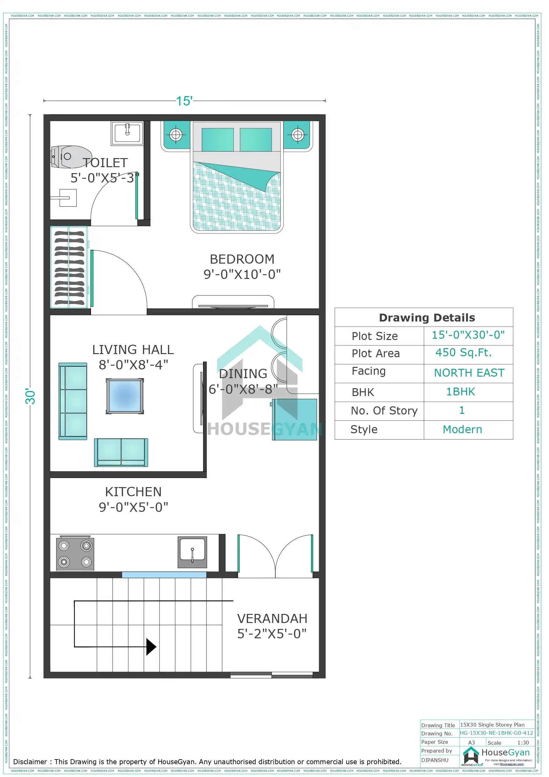 15X30 North East Facing 1BHK Ground Floor House Plan | 450 Sqft Plot ...