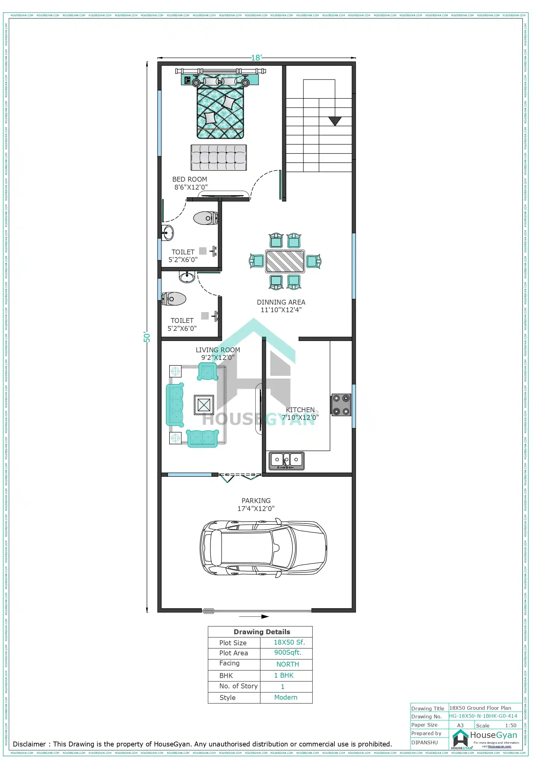 18X50 North Facing 1BHK Ground Floor House Plan | 900 Sqft Plot Floor Plan