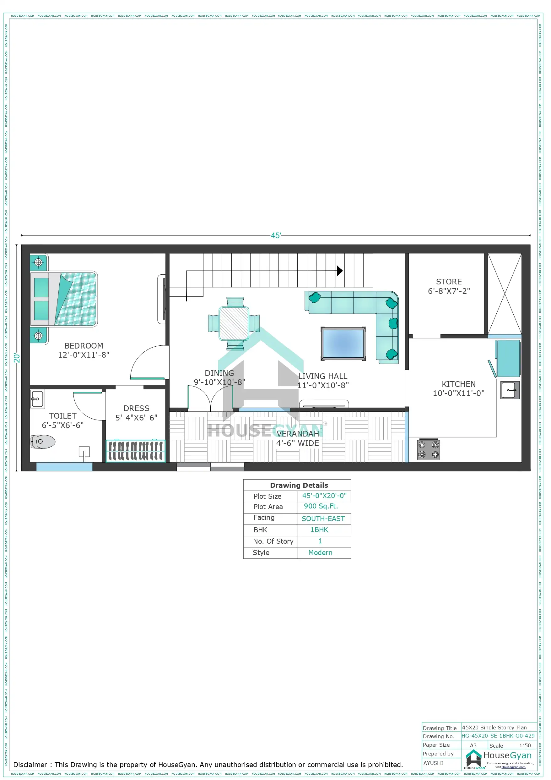 45X20 South East Facing 1BHK Ground Floor House Plan | 900 Sqft Plot ...