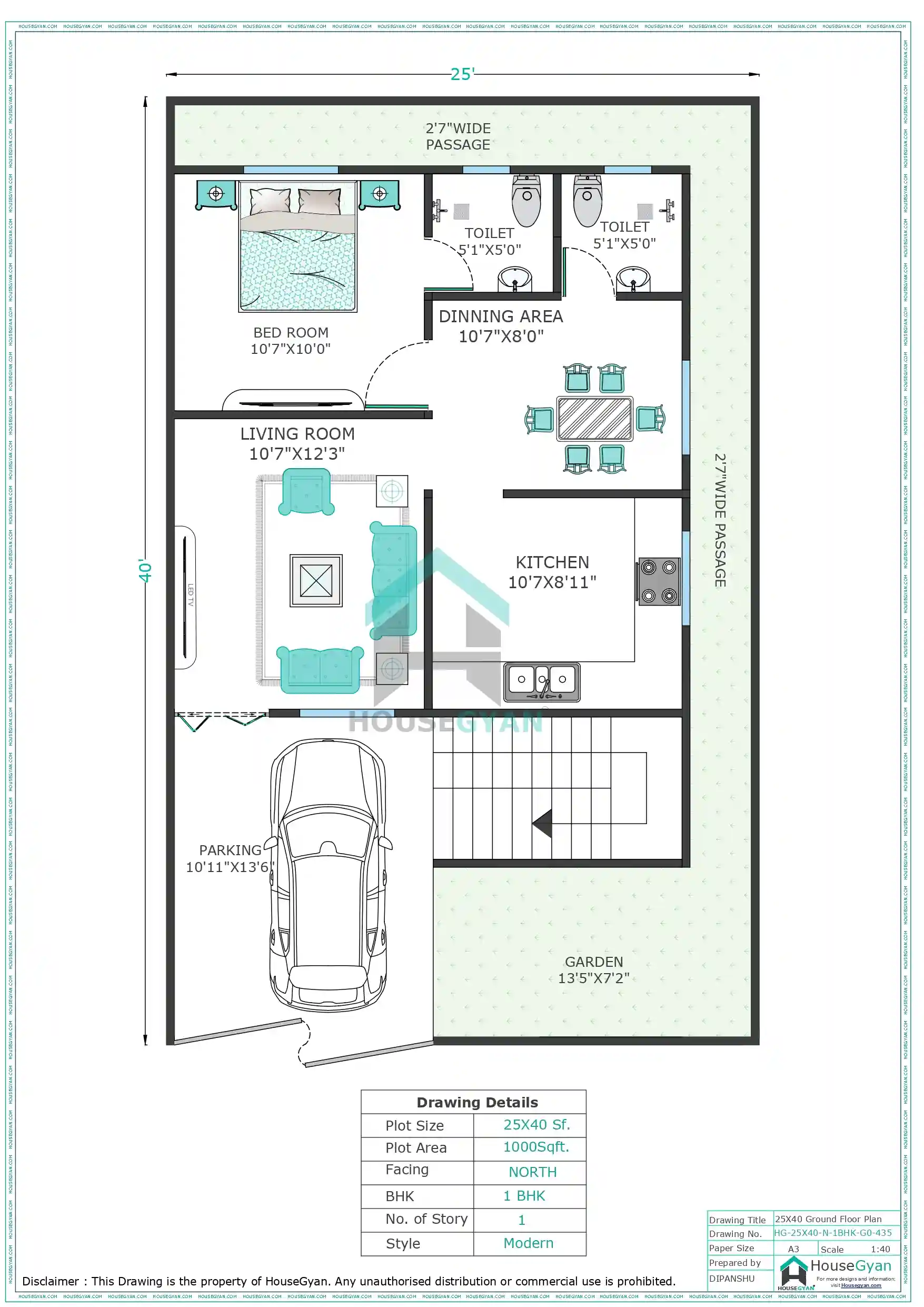25X40 North Facing 1BHK Ground Floor House Plan | 1000 Sqft Plot Floor Plan