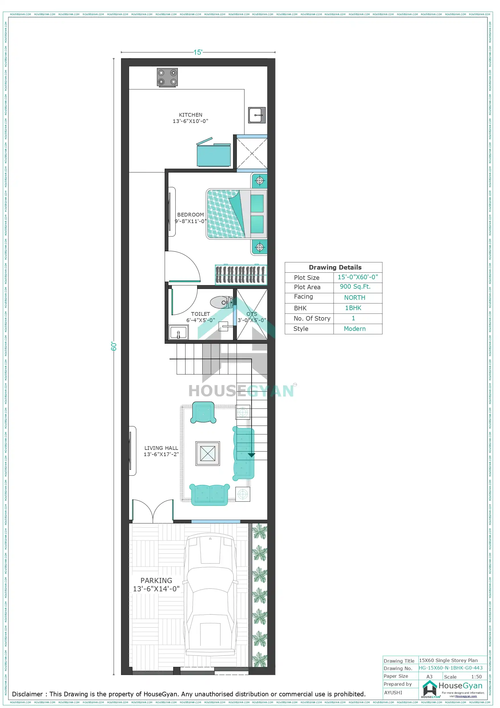 15X60 North Facing 1BHK Ground Floor House Plan | 900 Sqft Plot Floor Plan