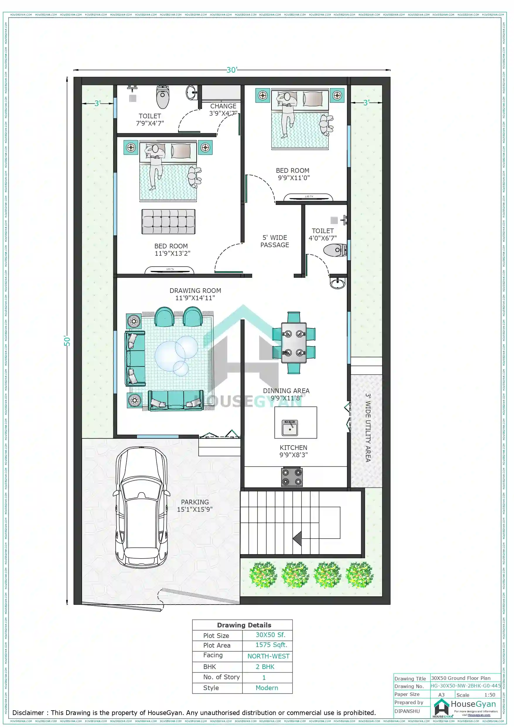 30X50 North West Facing 2BHK Ground Floor House Plan | 1500 Sqft Plot ...