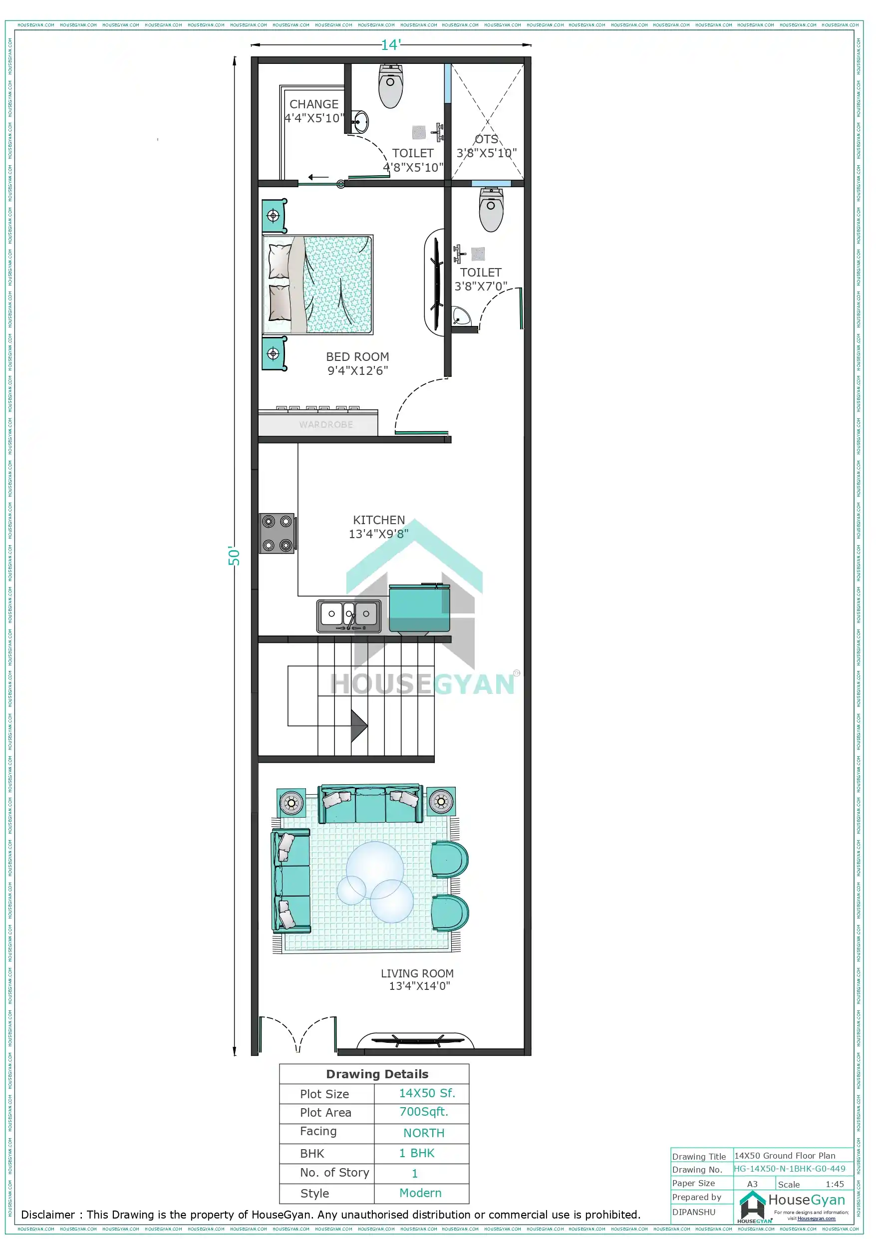 14X50 North Facing 1BHK Ground Floor House Plan | 700 Sqft Plot Floor Plan