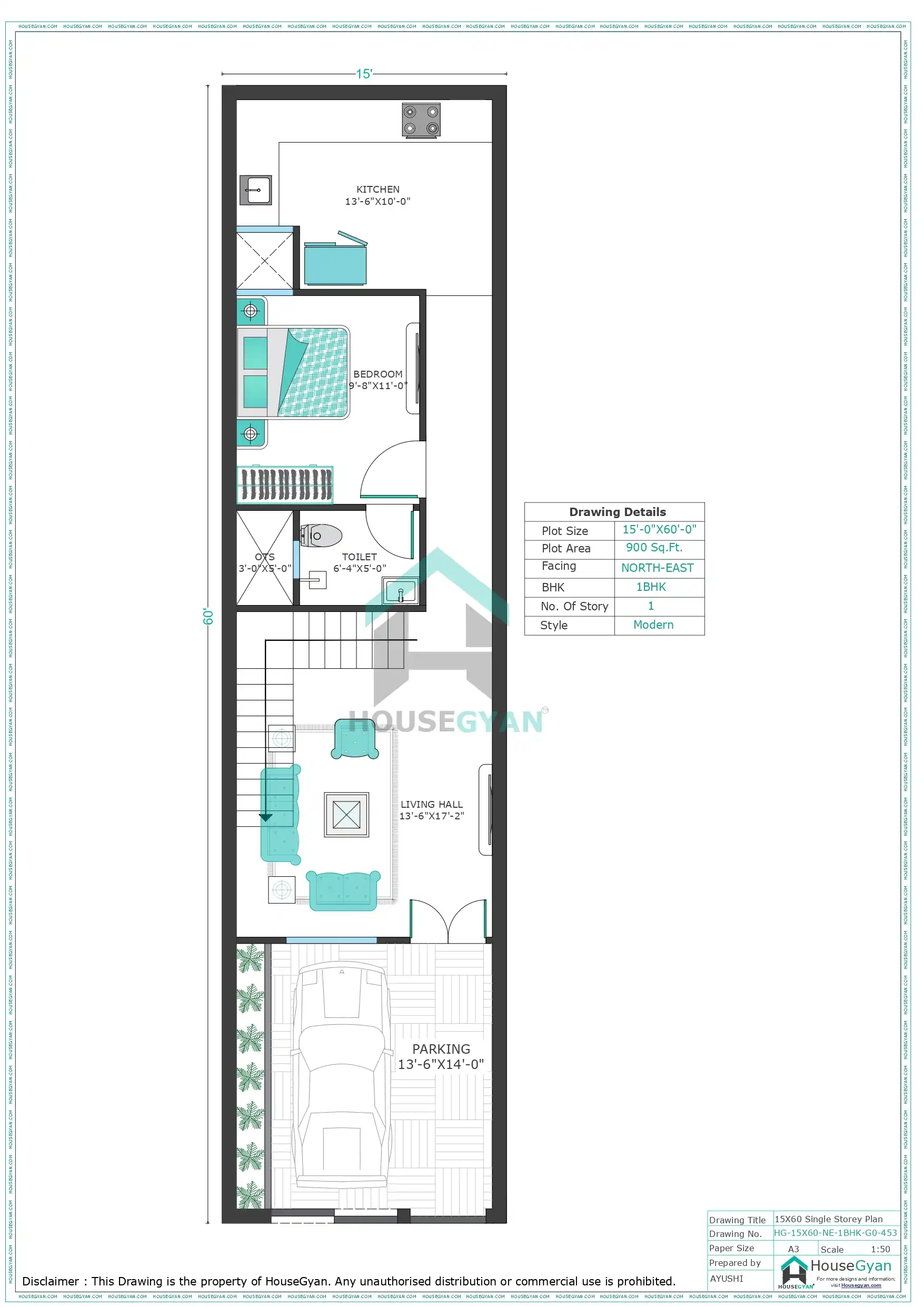 15X60 North East Facing 1BHK Ground Floor House Plan | 900 Sqft Plot ...