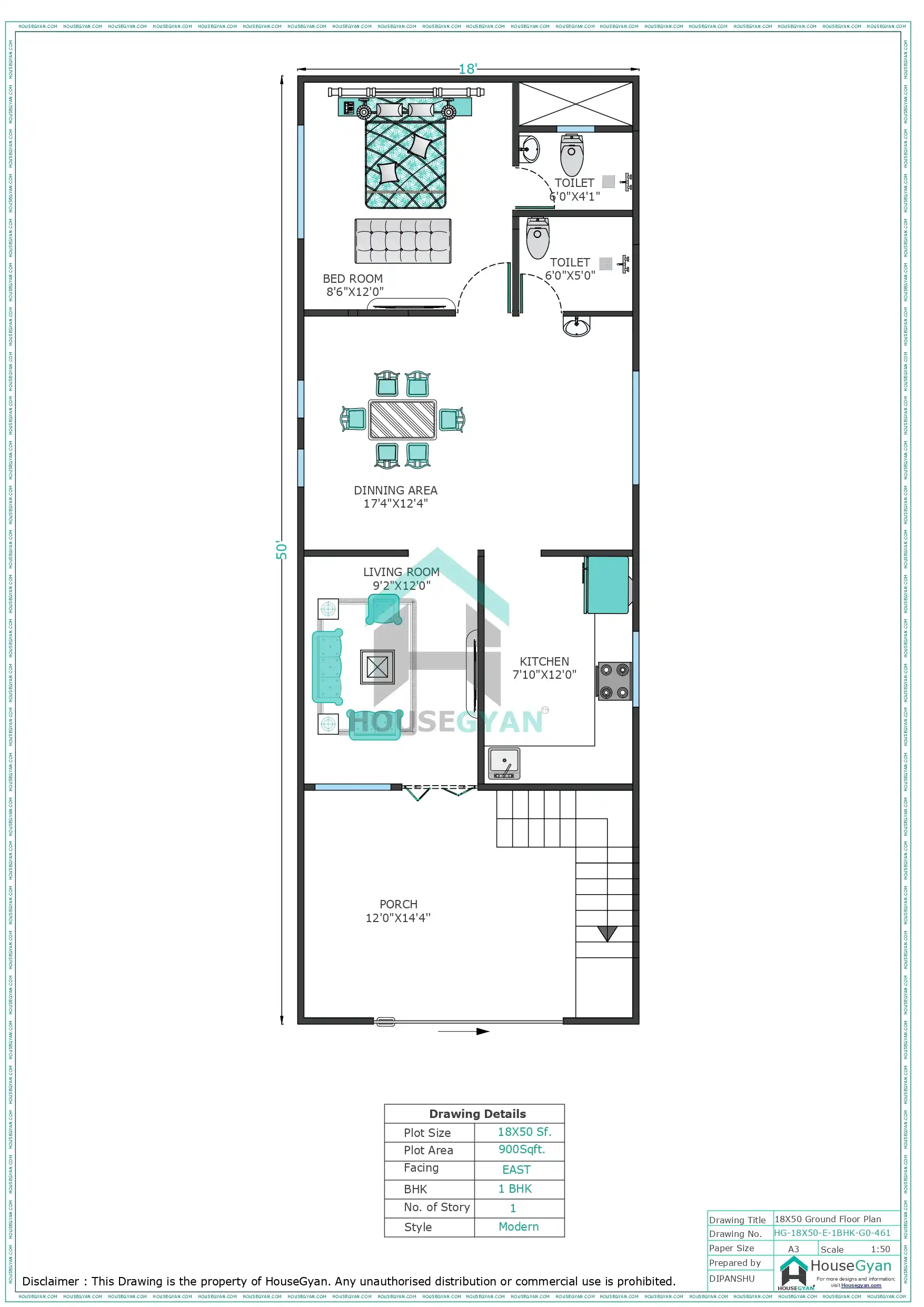 18X50 East Facing 1BHK Ground Floor House Plan | 900 Sqft Plot Floor Plan