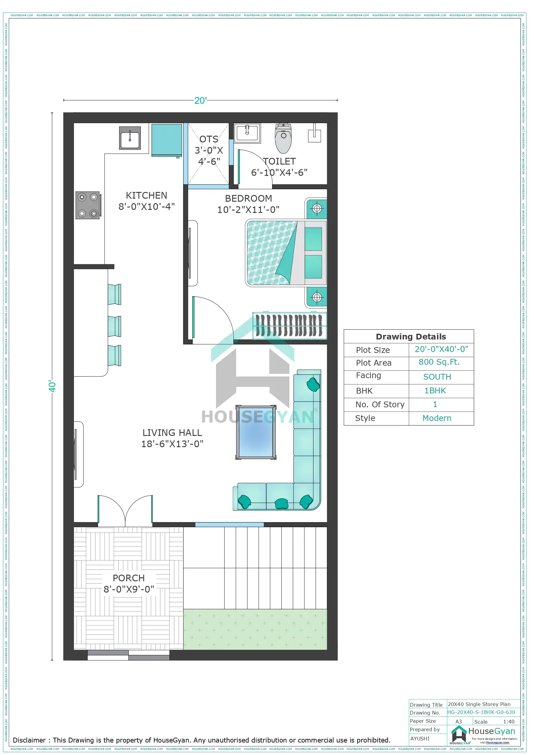 20X40 South Facing 1BHK Ground Floor House Plan | 800 Sqft Plot Floor Plan