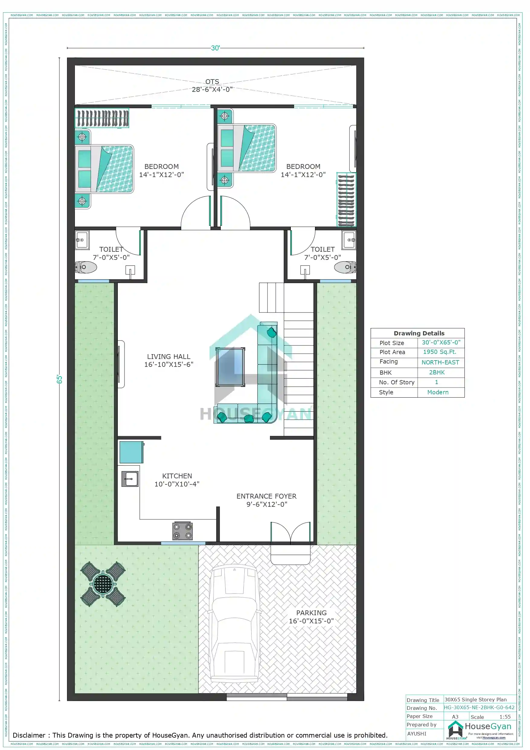 30X65 North East Facing 2BHK Ground Floor House Plan | 1950 Sqft Plot ...
